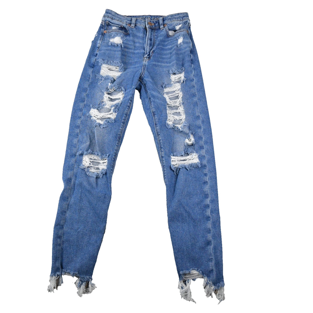 American Eagle Mom Jeans Womens 4 X-Long (25x27) Highest Rise Distres Blue Denim
